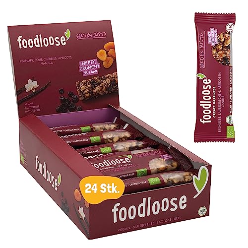 foodloose Bio-Nussriegel Garden Gusto | Vegane, laktose- und glutenfreie Bio-Riegel ohne raffinierten Zucker | Erdnüsse, Sauerkirsche, Aprikose & Vanille | Vorteilspack (24 Riegel x 35g) von foodloose