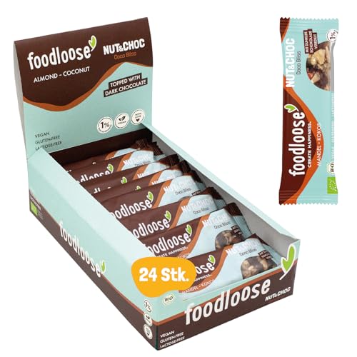 foodloose Bio-Nut&Choc Riegel Coco Bliss | Vegane, laktose- und glutenfreie Bio-Nussriegel ohne raffinierten Zucker | Dunkle Schokolade, Mandel & Kokos | Vorteilspack (24 Riegel x 30g) von foodloose