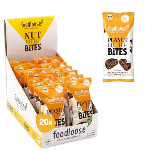 foodloose Bio-Peanut Butter Bites Erdnuss-Schoko | Leckerer Snack aus Datteln mit cremiger Erdnuss-Schoko Füllung | Vegan, Bio, glutenfrei & ohne raffinierten Zucker | Vorteilspack (20 x 40g) von foodloose