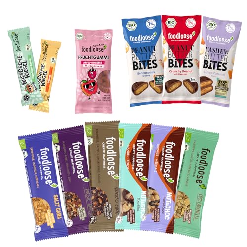 foodloose Mix-Paket | Leckerer Mix aus 12 beliebten Bio-Snacks: Nussriegeln, Fruchtgummis, Nut Butter Bites & Nusscreme-Riegeln | Bio, vegan, gluten- und laktosefrei foodloose Mix-Paket | Leckerer Mix aus 12 beliebten Bio-Snacks: Nussriegeln, Fruchtgummis, Nut Butter Bites & Nusscreme-Riegeln | Bio, vegan, gluten- und laktosefrei von foodloose