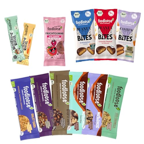 foodloose Bestseller-Paket | Leckerer Mix aus 13 unterschiedlichen Bio-Snacks: Nussriegeln, Fruchtgummis, Nut Butter Bites & Nusscreme-Riegeln | Bio, vegan, gluten- und laktosefrei von foodloose