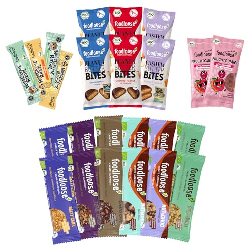 foodloose Mix-Paket | Leckerer Probiermix aus 26 Bio-Snacks: Nussriegeln, Fruchtgummis, Nut Butter Bites, Nusscreme-Riegeln & Nut Butter Bars | Bio, vegan, gluten- und laktosefrei von foodloose