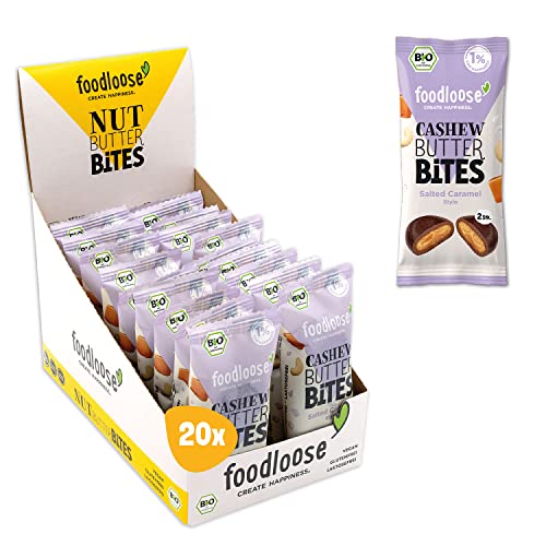 foodloose Bio-Cashew Butter Bites Salted Caramel | Leckere Snacks aus Datteln mit cremiger Cashewmus Füllung | Vegan, Bio, glutenfrei & ohne raffinierten Zucker | Vorteilspack (20 x 40g) von foodloose