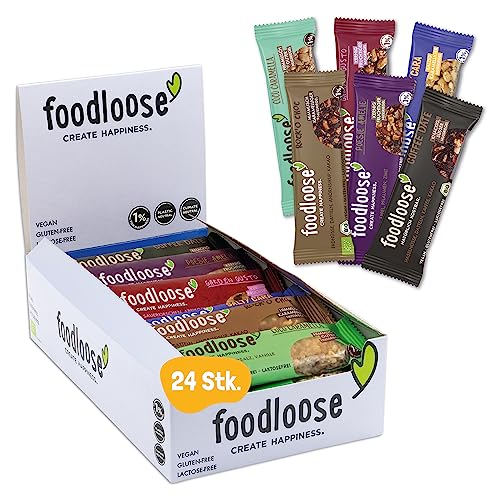 foodloose Bio-Nussriegel Probierpaket | Vegane, laktose- und glutenfreie Bio-Riegel ohne raffinierten Zucker | Großpackung mit 6 verschiedenen Sorten (24 Riegel x 35g) von foodloose