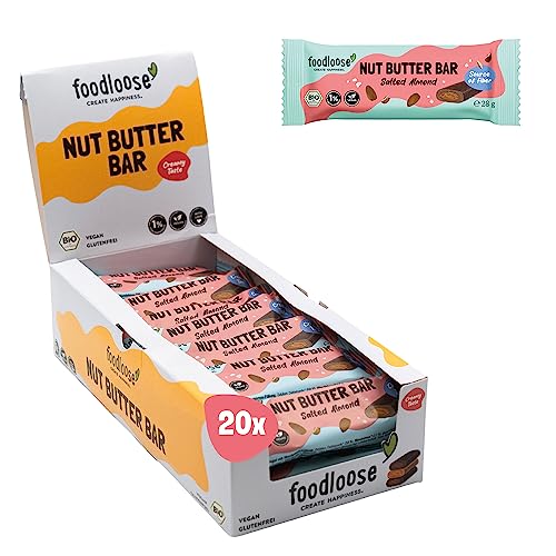 foodloose Bio-Nut Butter Bar Salted Almond | Leckerer Riegel aus Datteln mit cremiger Mandelmus Füllung | Vegan, Bio, glutenfrei & ohne raffinierten Zucker | Vorteilspack (20 x 28g) von foodloose