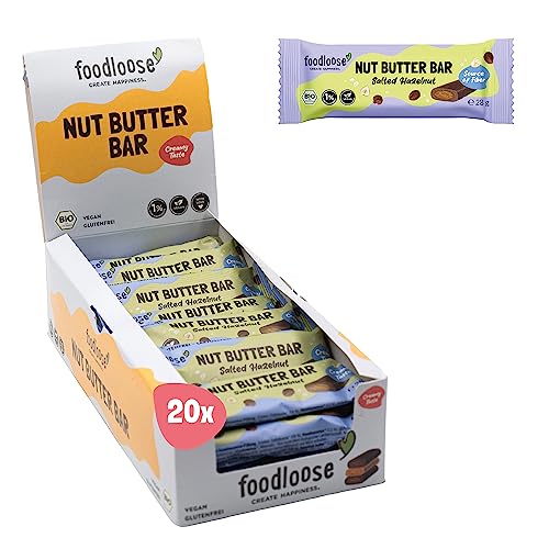 foodloose Bio-Nut Butter Bar Salted Hazelnut | Leckerer Riegel aus Datteln mit leckerer Haselnusscreme Füllung | Vegan, Bio, glutenfrei & ohne raffinierten Zucker | Vorteilspack (20 x 28g) von foodloose
