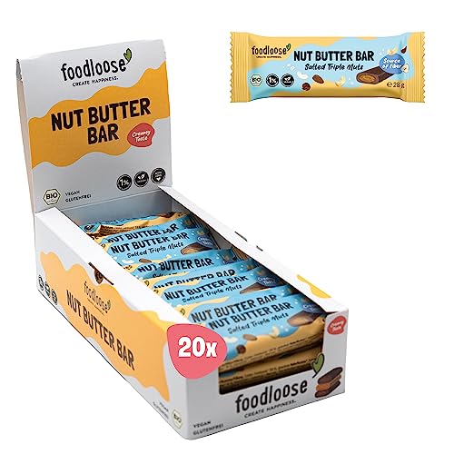 foodloose Bio-Nut Butter Bar Salted Triple Nuts | Leckerer Riegel aus Datteln mit cremiger Nussmus Füllung | Vegan, Bio, glutenfrei & ohne raffinierten Zucker | Vorteilspack (20 x 28g) von foodloose