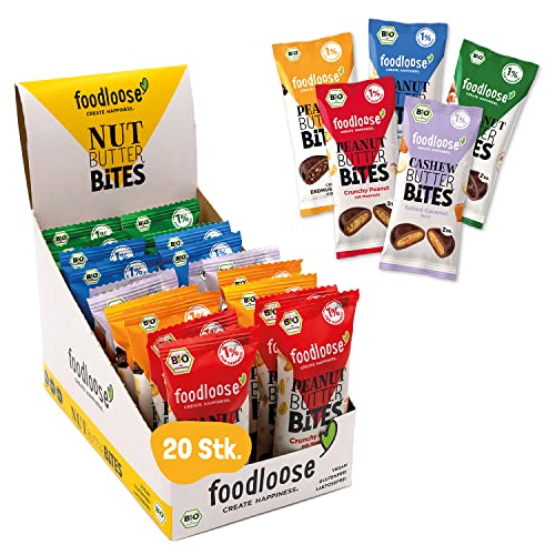 foodloose Bio-Nut Butter Bites Probierpaket | Leckere Snacks aus Datteln mit cremigen Nussmus Füllungen | Vegan, Bio, glutenfrei & ohne raffinierten Zucker | Großpackung mit 5 Sorten (20 x 40g) von foodloose