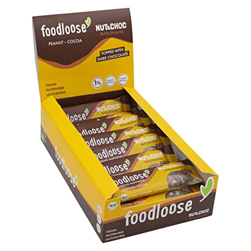 foodloose Bio-Nut&Choc Riegel Nutty Brownie | Vegane, laktose- und glutenfreie Bio-Nussriegel ohne raffinierten Zucker | Dunkle Schokolade, Erdnuss & Kakao | Vorteilspack (24 Riegel x 35g) von foodloose