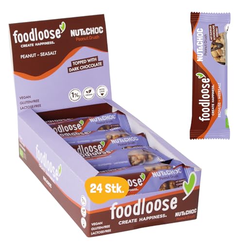 foodloose Bio-Nut&Choc Riegel Peanut Crush | Vegane, laktose- und glutenfreie Bio-Nussriegel ohne raffinierten Zucker | Dunkle Schokolade, Erdnuss & Meersalz | Vorteilspack (24 Riegel x 35g) von foodloose