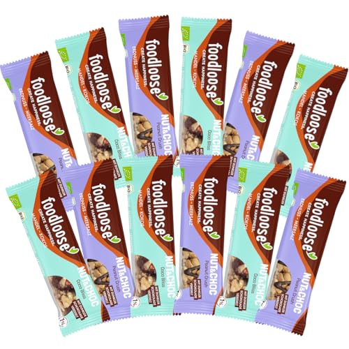 foodloose Bio-Nut&Choc Riegel Probiermix | Vegane, laktose- und glutenfreie Bio-Riegel ohne Industriezucker mit dunkler Schokolade| Mixpaket mit allen Nut&Choc Sorten (12 Riegel) von foodloose