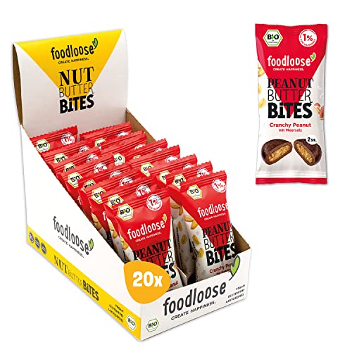 foodloose Bio-Peanut Butter Bites Crunchy Peanut | Leckerer Snack aus Datteln mit crunchiger Erdnussmus Füllung | Vegan, Bio, glutenfrei & ohne raffinierten Zucker | Vorteilspack (20 x 40g) von foodloose