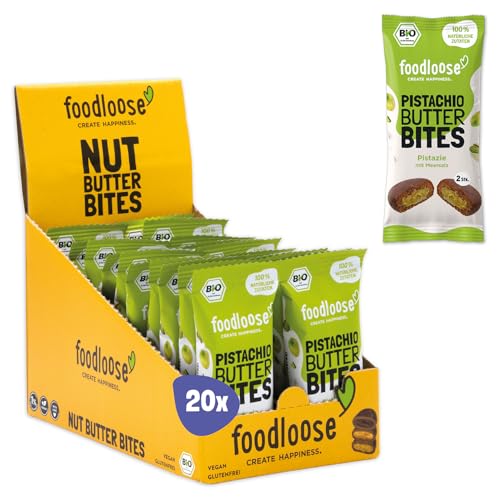 foodloose Bio-Pistachio Butter Bites Pistazie | Leckerer Snack aus Datteln mit cremiger Pistazienmus-Füllung | Vegan, Bio, glutenfrei & ohne raffinierten Zucker | Vorteilspack (20 x 40g) von foodloose