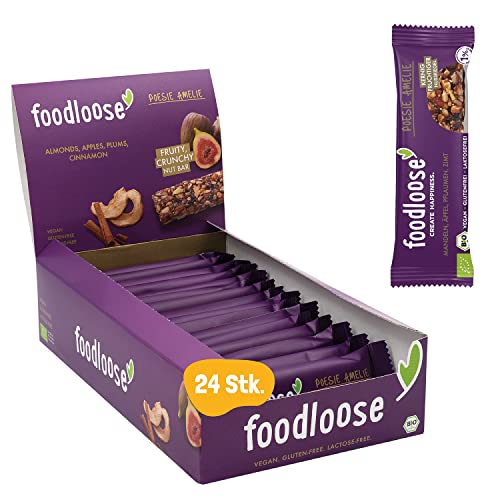 foodloose Bio-Nussriegel Poesie Amelie | Vegane, laktose- und glutenfreie Bio-Riegel ohne raffinierten Zucker | Mandeln, Äpfel, Pflaumen & Zimt | Vorteilspack (24 Riegel x 35g) von foodloose