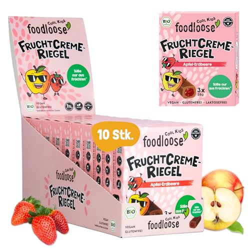 foodloose COOL KIDS Bio-Fruchtcreme-Riegel Apfel-Erdbeere (10 x 3 Riegel) | Leckerer Fruchtriegel aus Datteln mit fruchtiger Apfel-Erdbeer-Füllung| Vegan, glutenfrei & ohne raffinierten Zucker von foodloose