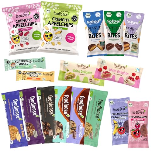 foodloose Kennenlernpaket | Vegane Süßigkeitenbox mit 17 verschiedenen Bio-Snacks | Leckerer Mix aus Nussriegeln, Fruchtgummis, Nut Butter Bites, Apfelchips und Creme-Riegeln foodloose Kennenlernpaket | Vegane Süßigkeitenbox mit 17 verschiedenen Bio-Snacks | Leckerer Mix aus Nussriegeln, Fruchtgummis, Nut Butter Bites, Apfelchips und Creme-Riegeln von foodloose