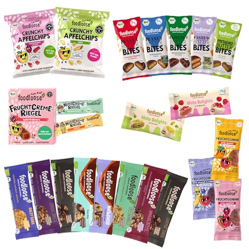 foodloose Kennenlernpaket | Vegane Süßigkeitenbox mit 23 verschiedenen Bio-Snacks | Leckerer Mix aus Nussriegeln, Fruchtgummis, Nut Butter Bites, Apfelchips und Creme-Riegeln foodloose Kennenlernpaket | Vegane Süßigkeitenbox mit 23 verschiedenen Bio-Snacks | Leckerer Mix aus Nussriegeln, Fruchtgummis, Nut Butter Bites, Apfelchips und Creme-Riegeln von foodloose