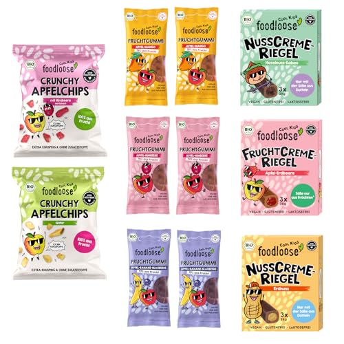 fooodloose COOL KIDS Probierpaket |Leckerer Bio Süßigkeiten Mix mit 17 Snacks ohne raffinierten Zucker, vegan & weizenfrei | Box mit Fruchtgummis, Frucht- und Nusscreme-Riegel & Apfelchips fooodloose COOL KIDS Probierpaket |Leckerer Bio Süßigkeiten Mix mit 17 Snacks ohne raffinierten Zucker, vegan & weizenfrei | Box mit Fruchtgummis, Frucht- und Nusscreme-Riegel & Apfelchips von foodloose