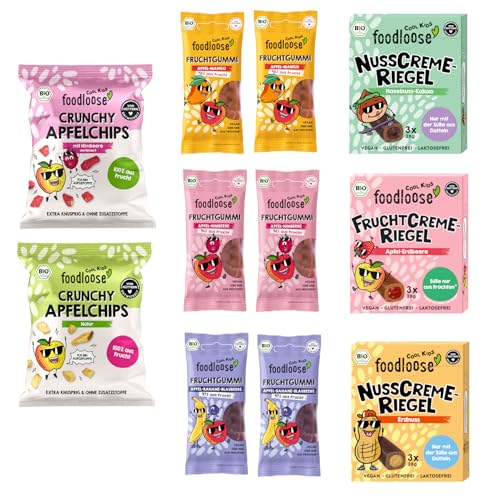 fooodloose COOL KIDS Probierpaket |Leckerer Bio Süßigkeiten Mix mit 19 Snacks ohne raffinierten Zucker, vegan & weizenfrei | Box mit Fruchtgummis, Frucht- und Nusscreme-Riegel, Apfelchips & Cookies von foodloose