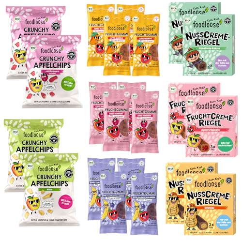 fooodloose COOL KIDS Probierpaket |Leckerer Bio Süßigkeiten Mix mit 38 Snacks ohne raffinierten Zucker, vegan & weizenfrei | Box mit Fruchtgummis, Frucht- und Nusscreme-Riegel, Apfelchips & Cookies von foodloose