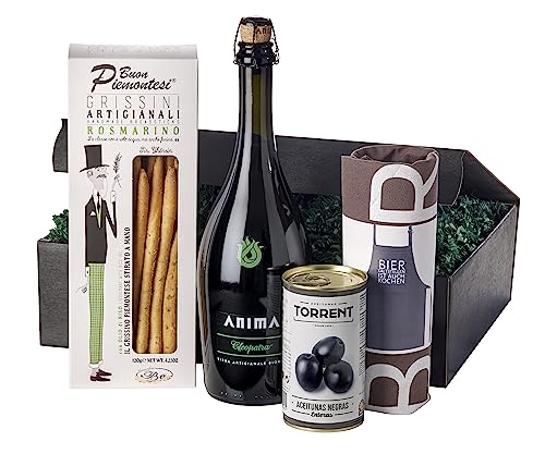 Bier-Geschenkset "Männerabend" | 1 Flasche helles Doppelmalzbier 0,75 l, Oliven 350g, handgezogene Grissini Rosmarin 120g und eine Grillschürze von freund