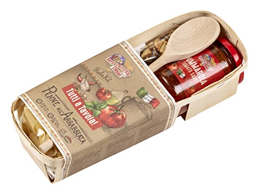 Delikatessen-Geschenkset "Rührendes Körbchen Arrabiata" | 1 Packung Penne, 1 Glas Tomatensauce, 1 Gewürzmischung und 1 Kochlöffel aus Holz von freund