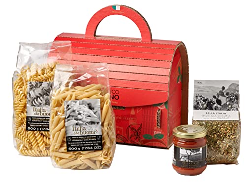 Delikatessen-Geschenkset "Von der Hand(tasche) in den Mund" | 1 Packung Penne, 1 Packung Fussili, 1 Glas Sugo Tomate-Basilikum und 1 Gewürzmischung von freund