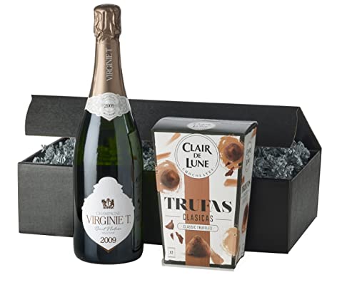 Feinkost-Geschenkset"Champagne & Trüffel" | 1 Flasche Champagne Virginie T. Brut und 1 Packung zartschmelzende Schokoladentrüffel im schwarzen Präsentkarton von freund