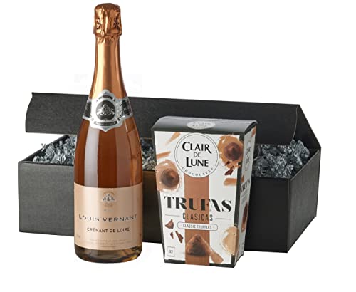 Feinkost-Geschenkset"Crémant & Trüffel" | 1 Flasche Louis Vernant Crémant de Loire Rosé Brut und 1 Packung zartschmelzende Schokoladentrüffel im schwarzen Präsentkarton von freund