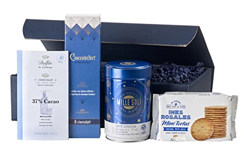 Feinkost-Geschenkset "Süße Tagträumerei" | 1 Dose Caffè Espresso 250 g, 1 Packung Pralinen 180 g, 1 Packung Zimtgebäck mit Anis 126 g und 1 Tafel Edel Vollmilchschokolade mit 37% Kakao 70 g von freund