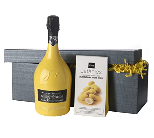 Schaumwein-Geschenkset"Yellow Dream" | 1 Flasche Schaumwein aus Italien und karamelisierte Mandeln mit weißer Schokolade und Crème Brulée Geschmack von freund