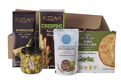 Snack-Geschenkset "Snackbox Querbeet" | 1 Beutel gesalzene Mandeln, 1 Packung Crespini mit Rosmarin, 1 Packung Tortas mit Olivenöl und Kräutern, 1 Beutel Scrocchi mit Rosmarin und 1 Glas Oliven von freund