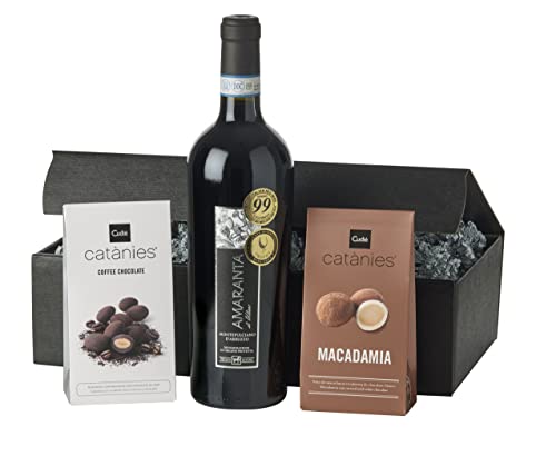 Wein-Geschenkset"Dunkle Verführung Deluxe" | 1 Flasche italienischer Rotwein, karamellisierte Marcona-Mandel und Macadamianuss mit weißer Schokolade von freund