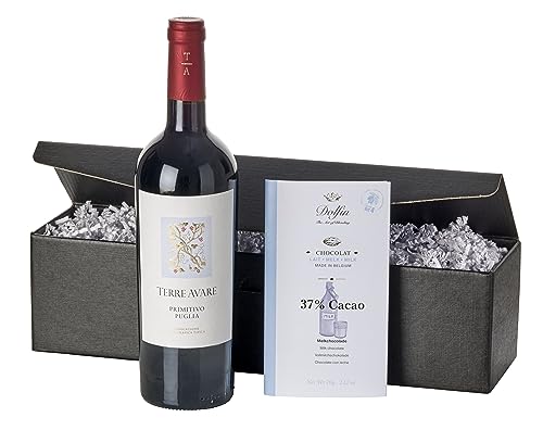 Wein-Geschenkset "Dunkle Verführung Primitivo" | 1 Flasche italienischern Rotwein und 1 tafel Dolfin Edelvollmilchschokolade von freund