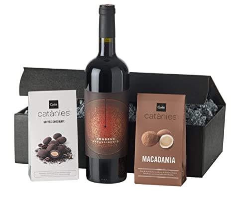 Wein-Geschenkset"Dunkle Verführung Superior" | 1 Flasche französischer Rotwein, karamellisierte Marcona-Mandel und Macadamianuss mit weißer Schokolade von freund