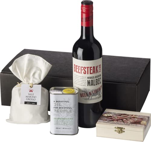 Wein-Geschenkset"Kochbox Beefsteak Club" | 1 Flasche Rotwein aus Großbritannien, Porterhouse Steak Gewürzset, Meersalz grob und Olivenöl von freund