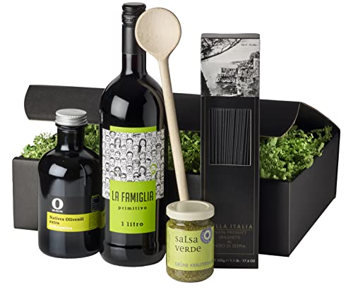 Wein-Geschenkset "Kochbox La Famiglia" | 1 Flasche Rotwein, Spaghetti, Basilikumpesto und Olivenöl in hochwertiger Präsentbox von freund