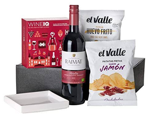 Wein-Geschenkset "Quiz-Fieber" | 1 Flasche Rotwein aus Spanien, 2 Tüten Chips, 1 Wine-IQ-Spiel und 1 Porzellanschale von freund