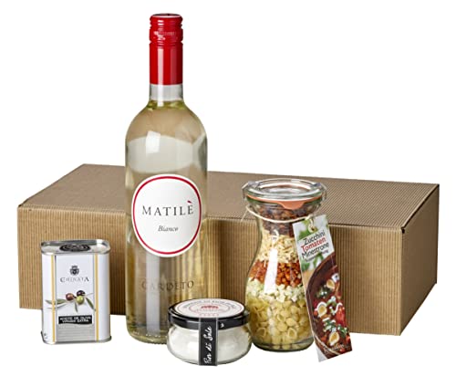 Wein-Geschenkset "Schlicht und ergreifend" | 1 Flasche Matilè Bianco Weißwein, Salz im Glas, Olivenöl und 1 Weckglas mit Zutaten für eine Zucchini Tomaten Minestrone in hochwertiger Präsentbox von freund