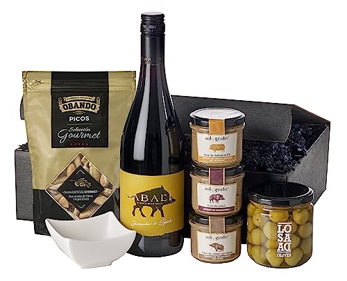 Wein-Geschenkset "Spanish Taste" | 1 Flasche Rotwein aus Spanien, 3 versch. Pasteten, 1 Glas Oliven, 1 Packung Salzgebäck und 1 Porzellanschale von freund