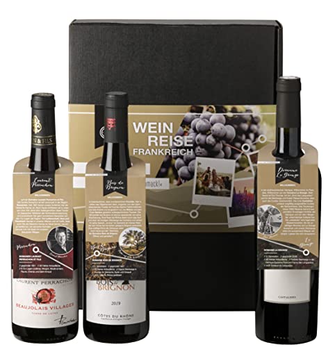 Wein-Geschenkset"Weinreise Südfrankreich" | 3 verschiedene Rotweine aus Südfrankreich inkl. Flaschenanhänger mit Infos zum Wein und Weingut von freund