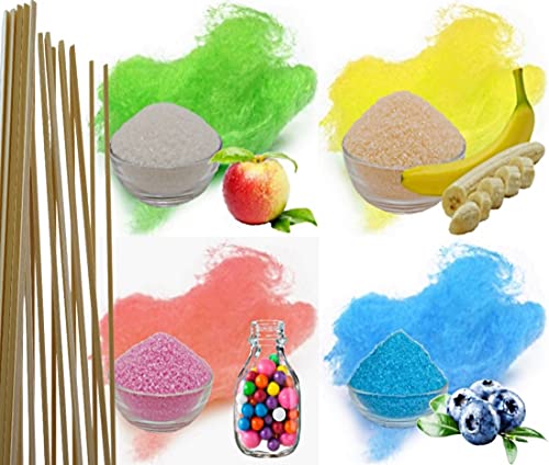4x100g Aromazucker + 20 Zuckerwattestäbe für bunte Zuckerwatte mit Geschmack | Apfel, Banane, Bubble Gum, Heidelbeere | Farbzucker Zucker für Zuckerwatte Zuckerwattemaschine Zuckerwattezucker 4x100g Aromazucker + 20 Zuckerwattestäbe für bunte Zuckerwatte mit Geschmack | Apfel, Banane, Bubble Gum, Heidelbeere | Farbzucker Zucker für Zuckerwatte Zuckerwattemaschine Zuckerwattezucker von gaumenshop
