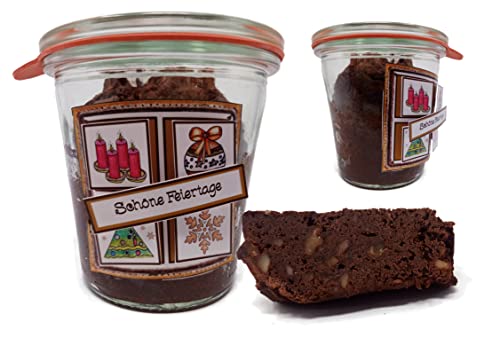 Brownie-Kuchen im Glas mit weihnachtlichem Geschenke-Etikett im Pop-Up-Style von generisch