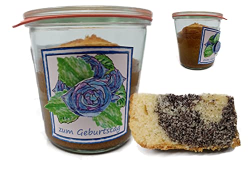 Geburtstagskuchen "blaue Rosenblüten" (1056) mit einem Joghurt -Mohn-Marmorkuchen direkt im Glas gebacken mit 125g Inhalt von generisch