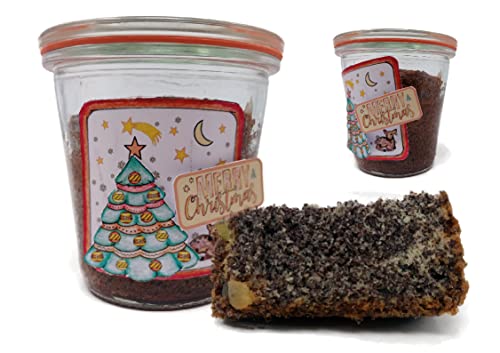 Weihnachtlich dekorierter Mohnkuchen mit Pop-Up-Elementen im Glas gebacken von generisch