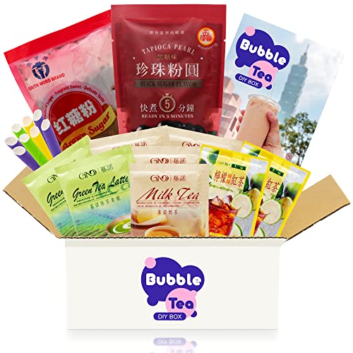 Bubble Tea DIY Set - 19-teiliges Boba Starter Kit mit Zutaten aus Taiwan - Verschiedene Teesorten (Milchtee, Grüner Tee, Zitronen-Eistee), Tapioka-Perlen, Rohrzucker, Strohhalme und Anleitungen von getDigital