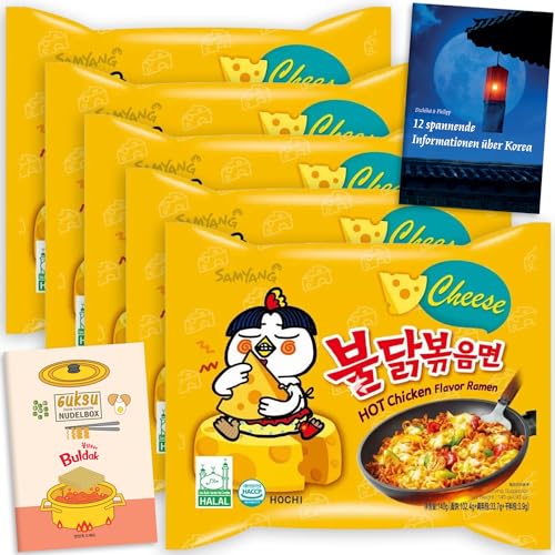 Guksu Buldak Set Cheese - 5x Samyang Buldak Cheese Ramen mit Hühnchen-Geschmack und Käse, Scharfe Instant-Nudeln aus Korea, Geschenkset inkl. 2 Broschüren (5 x 140g) von getDigital