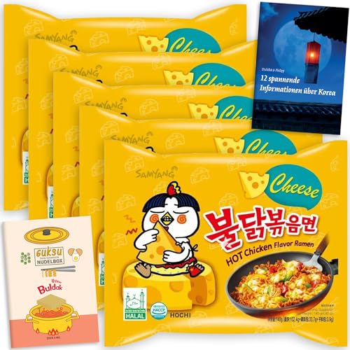 Guksu Buldak Set Cheese - 5x Buldak Cheese Ramen mit Hühnchen-Geschmack und Käse, Scharfe Instant-Nudeln aus Korea, Geschenkset inkl. 2 Broschüren (5 x 140g) von getDigital