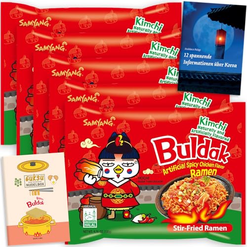 Guksu Buldak Set Kimchi - 5x Buldak Kimchi Ramen mit Hühnchen-Geschmack, Scharfe Instant-Nudeln aus Korea, Geschenkset inkl. 2 Broschüren (5 x 135g) von getDigital