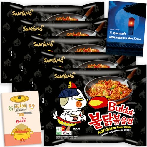 Guksu Buldak Set Original - 5x Samyang Buldak Original Ramen mit Hühnchen-Geschmack, Scharfe Instant-Nudeln aus Korea, Geschenkset inkl. 2 Broschüren (5 x 140g) von getDigital